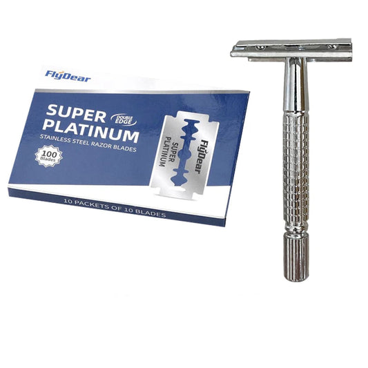 Silver safety razor and box of FlyGear Super Platinum razor blades on a white background