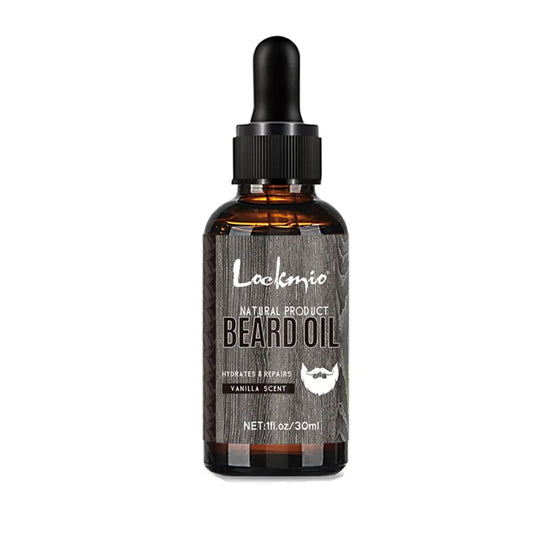 Bottle of Lockenio hydrating vanilla scented beard oil on a white background