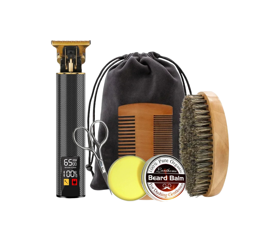 Set of grooming tools including a trimmer, comb, scissors, brush, and balm on a white background.